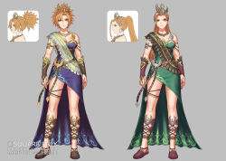 1girl alternate_color alternate_hair_length alternate_hairstyle anbe_yoshirou artist_name black_gloves blue_dress breasts bridal_gauntlets brown_shoes cleavage closed_mouth commentary_request copyright_notice curtained_hair dress expressionless full_body gloves gold_armlet green_dress grey_background hair_ornament hairband highres jeanne_(romancing_saga_2) medium_breasts official_art ponytail red_gloves red_shoes romancing_saga_2 saga shoes short_ponytail standing
