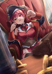 1girl absurdres black_coat black_hat black_thighhighs breasts cleavage coat coin cropped_jacket feet gold_coin hair_ribbon hat heterochromia highres holding holding_coin hololive houshou_marine houshou_marine_(1st_costume) jacket large_breasts leotard leotard_under_clothes long_hair looking_at_viewer pirate_hat red_coat red_eyes red_hair red_jacket red_ribbon red_skirt ribbon sakahana skirt sleeveless sleeveless_jacket smile soles soles_of_feet_in_socks solo thighhighs two-sided_coat two-sided_fabric virtual_youtuber yellow_eyes