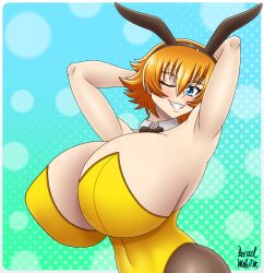 1girl azraelwebster blonde_hair blue_eyes breasts highleg highleg_leotard highres huge_breasts igawa_sakura leotard looking_at_viewer naughty_face one_eye_closed playboy_bunny smile solo taimanin_(series) taimanin_asagi wink