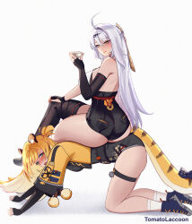 2girls all_fours animal_ear_fluff animal_ears ass black_gloves blonde_hair breasts femdom gloves high-waist_shorts highres human_furniture jacket ju_fufu large_breasts long_hair multicolored_hair multiple_girls open_mouth shorts sitting sitting_on_person tail tiger_ears tiger_girl tiger_tail tomatolaccoon white_hair yellow_eyes yixuan_(zenless_zone_zero) zenless_zone_zero