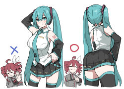 2girls absurdres ahoge arm_behind_head arm_tattoo bare_shoulders black_skirt black_sleeves black_thighhighs blue_eyes blue_hair breasts closed_eyes closed_mouth detached_sleeves drill_hair from_behind grey_jacket hair_between_eyes hand_on_own_hip hatsune_miku highres jacket kasane_teto large_breasts long_hair multiple_girls number_tattoo red_hair shirt sidelocks skirt smile tattoo tenten_(chan4545) thighhighs twin_drills twintails utau vocaloid white_shirt wide_hips