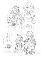 1boy 2girls 3syokuosoba aglaea_(honkai:_star_rail) black_tiara breasts caelus_(honkai:_star_rail) castorice_(honkai:_star_rail) cleavage coat crown highres honkai:_star_rail honkai_(series) laurel_crown multiple_girls simple_background tiara trailblazer_(honkai:_star_rail) translation_request white_background