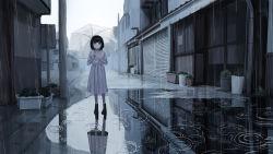 1girl absurdres apartment black_boots black_hair blue_eyes blunt_bangs blush boots closed_mouth dress flower_pot garage grey_sky highres holding holding_umbrella looking_afar original overcast puddle rain reflection reflective_water sakiika0513 scenery short_hair sky solo umbrella white_dress wide_shot