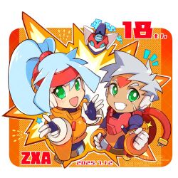 1boy 1girl anniversary ashe_(mega_man) biometal blue_hair border chibi copyright_name dark-skinned_male dark_skin dated explosion facial_mark forehead_mark green_eyes grey_(mega_man) grey_hair high_ponytail jacket long_hair mega_man_(series) mega_man_zx mega_man_zx_advent model_a_(mega_man) orange_background orange_jacket ponytail robot_ears scar scar_on_face simple_background teto_(y3832) white_border