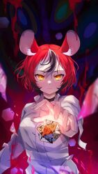 1girl absurdres animal_ears dice fingernails hakos_baelz highres hirasawa_izumi hololive hololive_english mouse_ears multicolored_hair psycho_(hololive) red_hair short_hair straitjacket streaked_hair virtual_youtuber yellow_eyes