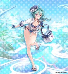 1girl :d abaris_(phantom_of_the_kill) ahoge ayi_(gumi) bag bent_over bikini blue_bikini blue_gloves blue_hat braid breasts collared_shirt flip-flops full_body gloves green_hair hair_between_eyes hat holding holding_bag long_sleeves looking_at_viewer official_alternate_costume official_art open_mouth phantom_of_the_kill purple_eyes sandals second-party_source shirt side-tie_bikini_bottom single_braid smile solo standing standing_on_one_leg striped_bikini striped_clothes swimsuit teeth thighs upper_teeth_only whistle whistle_around_neck white_shirt