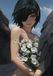 1girl black_eyes black_hair black_wings blue_sky bouquet chainsaw_man cloud day eyepatch flower highres himeno_(chainsaw_man) holding holding_bouquet implied_nudity looking_at_viewer melon017 outdoors short_hair sky solo white_flower wings