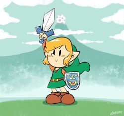 1boy arm_up belt black_eyes blonde_hair blush brown_belt brown_shirt brown_shoes cloud dangerking11 egg grass green_hat green_tunic hat holding holding_shield holding_sword holding_weapon link long_sleeves looking_at_viewer mountain nintendo pointy_ears shield shirt shoes short_hair sky smile standing sword the_legend_of_zelda the_legend_of_zelda:_link&#039;s_awakening triforce tunic weapon