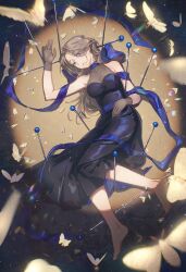 1girl absurdres bare_shoulders barefoot black_dress blue_bow blue_bowtie blue_eyes bow bowtie breasts bug dress from_above full_body gloves grey_gloves grey_hair hand_up highres insect long_dress long_hair lying medium_breasts moth ms._grace_(reverse:1999) mune_yin&#039;an_hua_hua_de on_side parted_lips pin reverse:1999 see-through_cleavage see-through_clothes solo spotlight