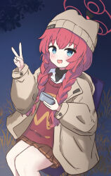 animal_ear_headwear beanie black_undershirt blue_archive blue_eyes braid brown_hat brown_jacket brown_skirt brown_sleeves camping camping_chair chair fake_animal_ears folding_chair halo hat highres holding jacket light_blush looking_at_viewer maki_(blue_archive) maki_(camp)_(blue_archive) official_alternate_costume official_alternate_hairstyle outdoors puffy_sleeves red_hair red_halo red_sweater_vest sitting skirt sweater_vest twin_braids user_uecy3552 v