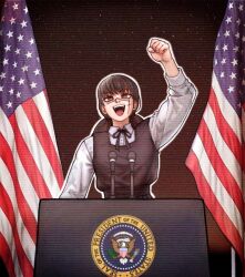 Rule 34 | 1girl, american flag, bald eagle, bird, black background, black hair, chainsaw man, clenched hand, commentary, cross scar, dress, eagle, english commentary, facial scar, fist pump, flag, fourth east high school uniform, hand up, highres, lectern, microphone, neck ribbon, open mouth, outline, pinafore dress, politician, redteneri, ribbon, ringed eyes, scanlines, scar, scar on cheek, scar on face, scar on nose, school uniform, shirt, sleeveless, sleeveless dress, solo, united states, upper body, white outline, white shirt, yoru (chainsaw man)