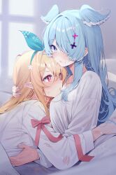 Rule 34 | 2girls, blonde hair, blue eyes, blue hair, blush, bow, commentary, deyui, dragon girl, elira pendora, english commentary, fairy, flower, green ribbon, hair flower, hair ornament, hair over one eye, head wings, heart, heart-shaped pupils, hickey, highres, hug, long hair, lying, multiple girls, nijisanji, nijisanji en, on back, on stomach, one eye covered, open mouth, pointy ears, pomu rainpuff, red eyes, ribbon, saliva, shirt, symbol-shaped pupils, upper body, virtual youtuber, white background, white shirt, wings, x hair ornament, yuri