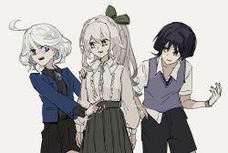 1boy 2girls ahoge alternate_costume alternate_hairstyle alternate_height alternate_universe aqua_eyes arm_at_side arms_at_sides belt black_belt black_hair black_mouth black_shirt black_shorts black_sleeves black_undershirt blue_brooch blue_eyes blue_hair blue_jacket blue_nails blue_pupils blue_sleeves blunt_ends bow casual collarbone collared_shirt contemporary cross-shaped_pupils curly_ends eyelashes fingernails flying_sweatdrops furina_(genshin_impact) genshin_impact green_bow green_eyes green_hair green_skirt grey_pupils hair_between_eyes hair_bow hand_in_pocket hand_on_another&#039;s_shoulder hand_up head_down heterochromia highres huge_ahoge index_finger_raised jacket lapels layered_sleeves leaning_back long_hair long_sleeves looking_at_another mismatched_pupils multicolored_hair multiple_girls nahida_(genshin_impact) open_clothes open_hand open_jacket open_mouth parted_lips pleated_skirt pointing pointing_at_another ponytail purple_eyes purple_sweater_vest qqr_nn scaramouche_(genshin_impact) shirt short_hair short_sleeves shorts sidelocks skirt smile streaked_hair sweater_vest symbol-shaped_pupils teasing teeth trembling twitter_username upper_teeth_only wanderer_(genshin_impact) wanderer_(mega_mgc_coffee)_(genshin_impact) watch white_background white_hair white_mouth white_shirt white_sleeves white_undershirt wispy_bangs wristwatch
