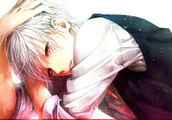 1boy artist_request character_request commentary_request copyright_request hair_between_eyes long_sleeves looking_at_viewer lowres non-web_source red_eyes short_hair simple_background solo source_request tagme white_background white_hair