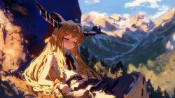 1girl bird blonde_hair bow bowtie brown_horns closed_eyes closed_mouth cloud collared_shirt commentary english_commentary giant giantess horns ibuki_suika lying mountain outdoors pointy_ears red_bow red_bowtie ribbon_trim scrunchie shirt skirt sleeveless sleeveless_shirt solo sunlight touhou tree white_shirt xiirus