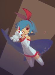 1girl bare_shoulders blue_hair blush_stickers detached_collar disgaea dress female_focus garter_straps hair_over_one_eye hairband off-shoulder_dress off_shoulder original orz_(orz57) pleinair pointy_ears red_eyes same-san short_hair solo stuffed_animal stuffed_rabbit stuffed_shark stuffed_toy thighhighs usagi-san white_background white_thighhighs