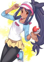 1girl black_hair blue_shoes brown_eyes closed_mouth collarbone commentary_request commission cosplay couzone eyelashes hair_rings hand_on_headwear hands_up highres iris_(pokemon) long_hair low-tied_long_hair nintendo pantyhose pink_socks pixiv_commission poke_ball poke_ball_(basic) pokemon pokemon_bw2 ponytail raglan_sleeves rosa_(pokemon) rosa_(pokemon)_(cosplay) shirt shoes shorts smile socks solo three-quarter_sleeves wristband yellow_shorts