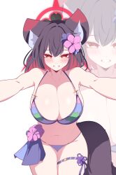 1girl absurdres alternate_hair_length alternate_hairstyle amebrew animal_ear_fluff bare_arms bare_shoulders bikini black_hair blue_archive blue_flower bow breasts cleavage colored_inner_hair flower fox_girl fox_tail hair_flower hair_ornament highres large_breasts looking_at_another multicolored_hair navel official_alternate_costume purple_bikini purple_flower reaching reaching_towards_viewer red_bow solo stomach swimsuit tail two-tone_hair wakamo_(blue_archive) wakamo_(swimsuit)_(blue_archive) zoom_layer
