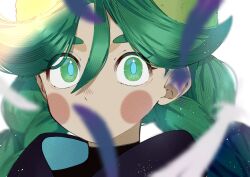 1girl black_shirt blue_pupils blurry blurry_foreground blush_stickers commentary eyelashes green_eyes green_hair hair_between_eyes hat highres jacket kana_(kanna_runa0620) long_hair nintendo pokemon pokemon_legends:_arceus portrait sabi_(pokemon) shirt solo symbol-only_commentary twintails yellow_hat