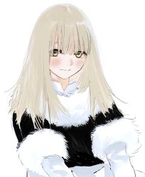 1girl aged_down black_coat blonde_hair blush coat dungeon_meshi elbow_gloves falin_touden falin_touden_(tallman) frs2 fur_coat fur_trim gloves highres light_smile long_hair white_background white_gloves yellow_eyes