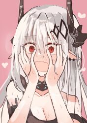 1girl arknights bare_shoulders black_horns blush breasts cleavage collarbone ear_blush ear_piercing embarrassed full-face_blush grey_hair hand_on_own_face heart highres horns infection_monitor_(arknights) long_hair material_growth mudrock_(arknights) mudrock_(elite_ii)_(arknights) open_mouth oripathy_lesion_(arknights) piercing pink_background pointy_ears red_eyes simple_background sketch solo suzubotan sweat