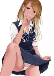 1girl black_sweater_vest blonde_hair blue_bow blue_bowtie bow bowtie breasts brown_hair collared_shirt commentary_request dark-skinned_female dark_skin diagonal-striped_bow diagonal-striped_bowtie diagonal-striped_clothes gluteal_fold gradient_hair grin gyaru highres idolmaster idolmaster_shiny_colors izumi_mei long_hair looking_at_viewer multicolored_hair panties puriketsu_corgy school_uniform shirt short_sleeves simple_background small_breasts smile solo standing striped_clothes summer_uniform sweater_vest thighs underwear white_background white_panties white_shirt