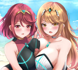 Rule 34 | 1boy, 2girls, asymmetrical docking, beach, blonde hair, blue sky, blush, breast press, breasts, censored, cooperative paizuri, core crystal (xenoblade), hair ornament, hetero, large breasts, long hair, looking at viewer, mosaic censoring, multiple girls, mythra (radiant beach) (xenoblade), mythra (xenoblade), nintendo, open mouth, paizuri, penis, pov, pyra (pro swimmer) (xenoblade), pyra (xenoblade), red eyes, red hair, ryunosu1111, short hair, sky, teamwork (sexual), water, xenoblade chronicles (series), xenoblade chronicles 2, yellow eyes