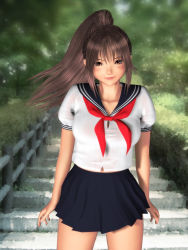 00s 1girl 3d black_skirt blush breasts brown_eyes brown_hair collarbone cowboy_shot cropped_legs female_focus ichigo_100_percent kitaooji_satsuki large_breasts lips looking_at_viewer miniskirt outdoors pleated_skirt ponytail puffy_short_sleeves puffy_sleeves school_uniform serafuku shirt short_sleeves skirt smile solo stairs standing taut_clothes taut_shirt wantan_works white_shirt
