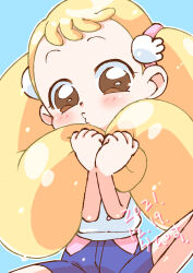 1girl artist_name blonde_hair blue_background blue_shorts blush brown_eyes bunching_hair commentary_request dated hair_ornament hands_up highres long_hair looking_at_viewer makihatayama_hana o3o ojamajo_doremi rapisu shirt shorts simple_background sitting solo twintails very_long_hair white_shirt wing_hair_ornament
