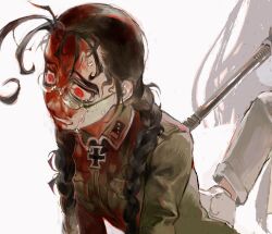 2girls 2ya0213 alucard_(hellsing) black_hair blood blood_on_clothes blood_on_face braid formal_clothes genderswap genderswap_(mtf) girlycard gun hellsing highres holding holding_gun holding_weapon long_hair multiple_girls red_eyes rip_van_winkle_(hellsing) stepped_on suit twin_braids weapon white_suit