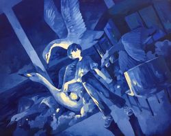 1boy acrylic_paint_(medium) animal bad_id bad_pixiv_id bird blue_theme chair closed_mouth cloud dutch_angle full_body glowing hand_up happy highres holding holding_lantern horizon lantern looking_to_the_side male_focus monochrome night original painting_(medium) pants shirt shoes short_hair short_sleeves smile sneakers solo standing star_(symbol) susutouka swan swept_bangs traditional_media train water window