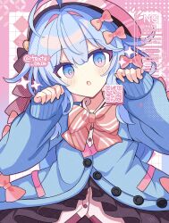 Rule 34 | 1girl, :o, blue cardigan, blue eyes, blue hair, blush, bow, bowtie, buttons, cardigan, charlotte suzu, commentary request, commission, dot nose, grid background, hair bow, hands up, hat, highres, long hair, long sleeves, looking at viewer, multiple hair bows, open mouth, pink background, pink hat, pink shirt, production kawaii, qr code, red bow, red bowtie, shirocha tei, shirt, skeb commission, sleeves past wrists, solo, sparkle, twitter username, upper body, virtual youtuber, watermark