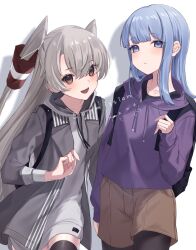 2girls absurdres amatsukaze_(hinamatsuri)_(kancolle) amatsukaze_(kancolle) backpack bag black_thighhighs blue_eyes blue_hair blush brown_eyes commission cowboy_shot dress grey_hair hair_tubes hatsukaze_(kancolle) hatsukaze_(kure)_(kancolle) highres hood hoodie kanae_(inorin05kanae) kantai_collection long_hair looking_at_viewer multiple_girls official_alternate_costume open_mouth pantyhose shorts skeb_commission smile solo thighhighs two_side_up