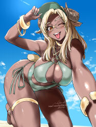 1girl adjusting_clothes adjusting_headwear animal_ears aqua_nails aqua_slingshot_swimsuit armpits artist_name bare_shoulders blonde_hair bracelet breasts cleavage covered_erect_nipples dark-skinned_female dark_skin dated fanbox_username fingernails glasses gold_anklet gold_bracelet gold_thighlet gyaru highres horns jewelry kneeling large_breasts long_fingernails long_hair looking_at_viewer nail_polish nekoguchi o-ring o-ring_swimsuit one_eye_closed orange_eyes original piercing semi-rimless_eyewear sheep_ears sheep_girl sheep_horns side-tie_swimsuit signature skindentation sky solo square_pupils swimsuit tongue tongue_out tongue_piercing twitter_username visor_cap yellow-framed_eyewear