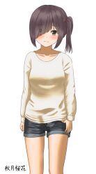 1girl atsuko_tsen blush brown_hair denim denim_shorts embarrassed hair_over_one_eye long_bangs long_sleeves looking_at_viewer medium_hair original shirt shorts side_ponytail simple_background standing white_background white_shirt