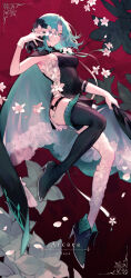1girl absurdres aqua_hair arcaea asymmetrical_footwear boots cape character_name closed_mouth copyright_name dress flower full_body gloves hand_up high_heel_boots high_heels highres looking_at_viewer one_eye_covered red_background saya_(arcaea) short_dress single_thigh_boot single_thighhigh sleeveless sleeveless_dress solo suzunashi thigh_boots thighhighs uneven_footwear white_flower white_gloves