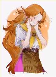Rule 34 | 1girl, aged up, belt, blush, breasts, closed eyes, closed mouth, dress, long hair, malon, neckerchief, nintendo, orange hair, pink skirt, pointy ears, rain rkgk, red hair, shirt, skirt, smile, solo, the legend of zelda, the legend of zelda: ocarina of time, upper body, white shirt
