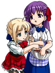 00s 2girls ahoge alternate_costume apron artoria_pendragon_(fate) bandabekken black_legwear blonde_hair blouse braid braided_bun breasts bronze_parrot chocolate cooking covered_erect_nipples fate/stay_night fate_(series) gingham_apron green_eyes hair_bun kobeya_uniform large_breasts long_hair matou_sakura mixing_bowl multiple_girls open_mouth pantyhose plaid_apron plaid_clothes purple_eyes purple_hair saber_(fate) shirt simple_background waitress white_background white_shirt