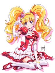 Rule 34 | 1girl, asahina mirai, bad id, bad pixiv id, blonde hair, bracelet, choker, cure miracle, cure miracle (ruby style), earrings, elbow gloves, female focus, gloves, hairband, hat, heart, heart earrings, highres, jewelry, long hair, looking at viewer, magical girl, mahou girls precure!, mini hat, mini witch hat, nii manabu, precure, purple eyes, ruby style, smile, solo, thighhighs, twintails, white background, white gloves, white thighhighs, witch hat, zettai ryouiki
