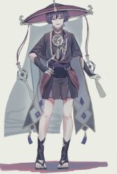 1boy arms_at_sides aromuromu66 black_bodysuit black_hair black_leggings black_sandals black_shorts black_sleeves blunt_ends bodysuit eyeliner eyeshadow fingernails full_body furisode genshin_impact gold gold_trim grey_veil hand_on_own_hip hat highres japanese_clothes jewelry jingasa kimono layered_sleeves leggings looking_at_viewer makeup male_focus mandarin_collar mitsudomoe_(shape) neck_ring o-ring open_mouth partially_shaded_face purple_eyes purple_rope purple_sash purple_sleeves red_eyeliner red_eyeshadow red_hat red_sash rope sandals sash scaramouche_(genshin_impact) see-through_clothes see-through_veil shimenawa shorts smile solo standing tassel teeth toenails toes tomoe_(symbol) upper_teeth_only veil white_background white_rope zouri