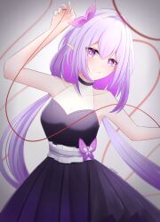 1girl alternate_costume artist_name bare_shoulders breasts butterfly_ornament castorice_(honkai:_star_rail) commentary dress highres honkai:_star_rail honkai_(series) long_hair looking_at_viewer lynnneyyy pointy_ears purple_dress purple_eyes purple_hair simple_background smile solo string string_of_fate symbol-only_commentary