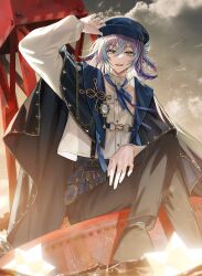 Rule 34 | 1boy, :d, arm up, black cape, black pants, black shoes, blue eyes, blue hair, blue hat, blue ribbon, blue socks, brooch, buoy, buttons, newsboy cap, cape, chain, cloud, cloudy sky, commentary request, crossed legs, gold chain, hair between eyes, hair bun, hand on headwear, haruzawa0731, hat, highres, hoshirube sho, hoshirube sho (2nd costume), jewelry, long sleeves, looking at viewer, male focus, medium hair, multicolored hair, neck ribbon, night, night sky, nijisanji, official alternate costume, open mouth, outdoors, pants, purple hair, ribbon, shirt, shoes, shooting star, single side bun, sitting, sky, small stellated dodecahedron, smile, socks, solo, streaked hair, suspenders, teeth, tentacle hair, tentacles, two-sided cape, two-sided fabric, virtual youtuber, water, white shirt
