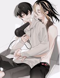 2boys arms_around_waist black_hair black_pants blonde_hair closed_eyes collarbone commentary_request crossed_bangs drawstring earrings floating_hair grey_eyes grey_pants grin hair_between_eyes hair_dryer hand_up hanemiya_kazutora highres holding holding_hair_dryer hood hood_down hoodie jewelry long_sleeves looking_at_another male_focus matsuno_chifuyu medium_hair multicolored_hair multiple_boys neck_tattoo neconecowc one_eye_closed open_mouth pants parted_bangs short_hair sidelocks simple_background single_earring sitting smile streaked_hair sweatdrop tattoo teeth tokyo_revengers topless_male towel towel_around_neck two-tone_hair undercut white_background white_hoodie