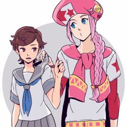 Rule 34 | 1boy, 1girl, blue eyes, blue neckerchief, bracelet, braid, bright pupils, brown hair, classicaloid, dramatica, grey sailor collar, grey skirt, hair ornament, hat, jewelry, neckerchief, open mouth, otowa kanae, pink hair, pink hat, pleated skirt, pursed lips, sailor collar, school uniform, shirt, short hair, short sleeves, skirt, white pupils, white shirt, wolfgang amadeus mozart (classicaloid)