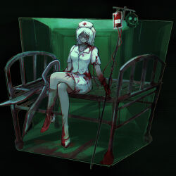 1girl bandage_over_one_eye bandaged_leg bandages blood blood_bag blood_on_clothes blood_on_face blood_on_hands blue_eyes centaur_(project_moon) closed_mouth crossed_legs dress e.g.o_(project_moon) faust_(project_moon) flaw_eight hat high_heels holding holding_scissors intravenous_drip limbus_company looking_at_viewer nurse_cap project_moon scissors short_hair short_sleeves skull solo white_dress white_footwear white_hair