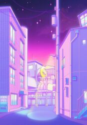absurdres arch brick_wall chromatic_aberration cityscape cloud crescent drink film_grain highres industrial_pipe lamppost light_rays night night_sky no_humans original owakita power_lines purple_sky purple_theme sky spotlight stairs star_(sky) tile_wall tiles traffic_mirror utility_pole window