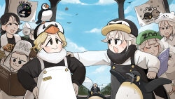 1boy 5girls :3 :d :o absurdres animal animal_on_head atlantic_puffin bear_hat bird bird_on_head black_hair black_overalls black_scarf black_shirt blonde_hair book closed_eyes commentary diva_(hyxpk) donut_stamp duck english_commentary green_hat grey_hair hat highres holding holding_book king_penguin multicolored_hair multiple_girls on_head open_mouth orca_keeper_(diva) overalls penguin penguin_hat penguin_keeper_(diva) polar_bear_keeper_(diva) puffin_hat puffin_keeper_(diva) scarf sea_otter_keeper_(diva) seal_keeper_(diva) seal_puppet shirt short_hair smile streaked_hair sweat towel white_hair white_overalls white_scarf white_shirt zoo zookeeper zookeepers_(diva)