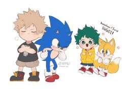 2boys admiring aged_down artist_name bakudeku bakugou_katsuki blue_eyes blush boku_no_hero_academia bones_(company) child crossover curly_hair fox freckles gloves green_eyes green_hair hedgehog messy_hair midoriya_izuku multiple_boys multiple_tails one_eye_closed sega shirt shoes shorts shota shounen_jump smile socks sonic_(series) sonic_the_hedgehog spiked_hair sweater tail tails_(sonic) two_tails wink yaoi