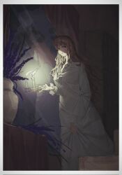 1girl bookshelf breasts brown_eyes brown_hair candle candlelight candlestand catherine_(project_moon) curtains dark dot_nose feet_out_of_frame flower flower_pot frilled_sleeves frills highres holding_candlestand large_breasts lavender_(flower) limbus_company looking_at_viewer night nightgown open_mouth project_moon reflection ribbon sidelocks skirt_hold solo swept_bangs table u87654321111111 wavy_hair white_nightgown window