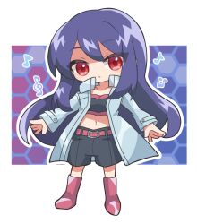 1girl belt blue_coat boots border classicaloid coat collarbone deformed jolly_(classicaloid) long_hair looking_at_viewer marine6turb midriff musical_note navel parted_lips pink_belt red_eyes solo white_border